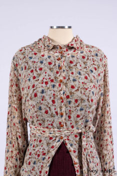 Scattergood Shirt Jacket in Brooklyn Floral Silk Chiffon; Scattergood Frock in Apple Washed Crinkled Weave, high water length; Scattergood Frock in Apple Washed Linen.