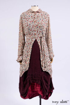 Scattergood Shirt Jacket in Brooklyn Floral Silk Chiffon; Scattergood Frock in Apple Washed Crinkled Weave, high water length; Scattergood Frock in Apple Washed Linen.