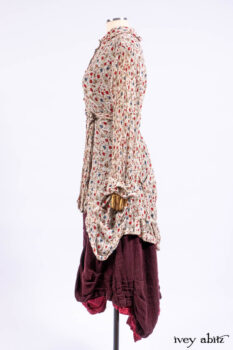 Scattergood Shirt Jacket in Brooklyn Floral Silk Chiffon; Scattergood Frock in Apple Washed Crinkled Weave, high water length; Scattergood Frock in Apple Washed Linen.
