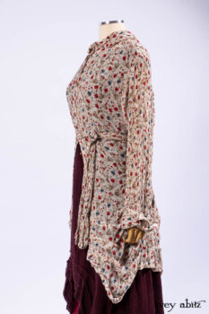 Scattergood Shirt Jacket in Brooklyn Floral Silk Chiffon; Scattergood Frock in Apple Washed Crinkled Weave, high water length; Scattergood Frock in Apple Washed Linen.