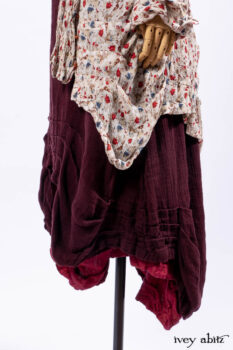 Scattergood Shirt Jacket in Brooklyn Floral Silk Chiffon; Scattergood Frock in Apple Washed Crinkled Weave, high water length; Scattergood Frock in Apple Washed Linen.