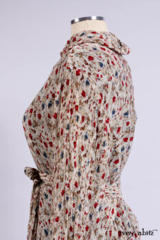 Scattergood Shirt Jacket in Brooklyn Floral Silk Chiffon; Scattergood Frock in Apple Washed Crinkled Weave, high water length; Scattergood Frock in Apple Washed Linen.
