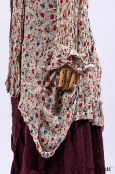 Scattergood Shirt Jacket in Brooklyn Floral Silk Chiffon; Scattergood Frock in Apple Washed Crinkled Weave, high water length; Scattergood Frock in Apple Washed Linen.
