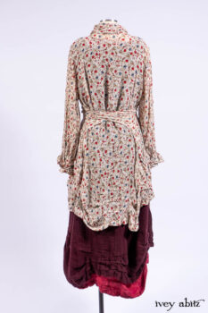 Scattergood Shirt Jacket in Brooklyn Floral Silk Chiffon; Scattergood Frock in Apple Washed Crinkled Weave, high water length; Scattergood Frock in Apple Washed Linen.