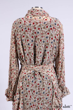 Scattergood Shirt Jacket in Brooklyn Floral Silk Chiffon; Scattergood Frock in Apple Washed Crinkled Weave, high water length; Scattergood Frock in Apple Washed Linen.