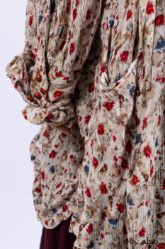 Scattergood Shirt Jacket in Brooklyn Floral Silk Chiffon; Scattergood Frock in Apple Washed Crinkled Weave, high water length; Scattergood Frock in Apple Washed Linen.