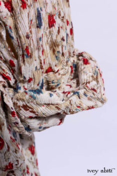 Scattergood Shirt Jacket in Brooklyn Floral Silk Chiffon; Scattergood Frock in Apple Washed Crinkled Weave, high water length; Scattergood Frock in Apple Washed Linen.