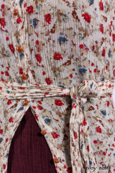 Scattergood Shirt Jacket in Brooklyn Floral Silk Chiffon; Scattergood Frock in Apple Washed Crinkled Weave, high water length; Scattergood Frock in Apple Washed Linen.