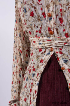 Scattergood Shirt Jacket in Brooklyn Floral Silk Chiffon; Scattergood Frock in Apple Washed Crinkled Weave, high water length; Scattergood Frock in Apple Washed Linen.