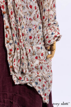 Scattergood Shirt Jacket in Brooklyn Floral Silk Chiffon; Scattergood Frock in Apple Washed Crinkled Weave, high water length; Scattergood Frock in Apple Washed Linen.