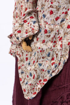 Scattergood Shirt Jacket in Brooklyn Floral Silk Chiffon; Scattergood Frock in Apple Washed Crinkled Weave, high water length; Scattergood Frock in Apple Washed Linen.
