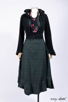 Nook Jacket in Mansard Roof Stripe Boucl&eacute; Knit; Clotaire Sash in Riverside Floral Silk Chiffon; Inglenook Frock in Riverside Plaid Cotton; Cilla Slip Frock in Signature Black Ribbed Knit.