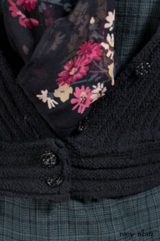 Nook Jacket in Mansard Roof Stripe Boucl&eacute; Knit; Clotaire Sash in Riverside Floral Silk Chiffon; Inglenook Frock in Riverside Plaid Cotton; Cilla Slip Frock in Signature Black Ribbed Knit.