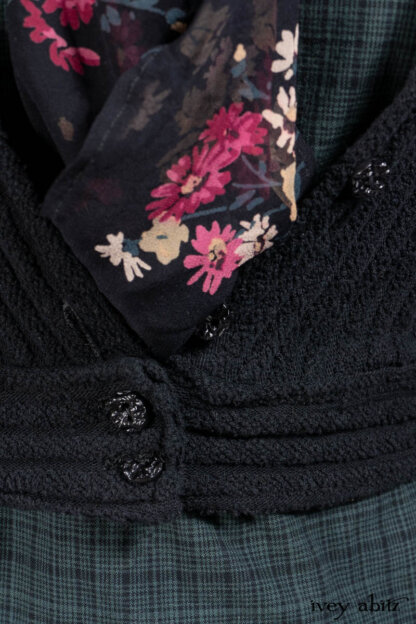 Nook Jacket in Mansard Roof Stripe Bouclé Knit; Clotaire Sash in Riverside Floral Silk Chiffon; Inglenook Frock in Riverside Plaid Cotton; Cilla Slip Frock in Signature Black Ribbed Knit.