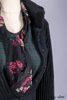 Nook Jacket in Mansard Roof Stripe Boucl&eacute; Knit; Clotaire Sash in Riverside Floral Silk Chiffon; Inglenook Frock in Riverside Plaid Cotton; Cilla Slip Frock in Signature Black Ribbed Knit.