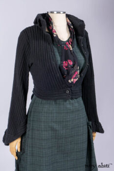Nook Jacket in Mansard Roof Stripe Boucl&eacute; Knit; Clotaire Sash in Riverside Floral Silk Chiffon; Inglenook Frock in Riverside Plaid Cotton; Cilla Slip Frock in Signature Black Ribbed Knit.