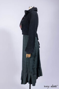Nook Jacket in Mansard Roof Stripe Boucl&eacute; Knit; Clotaire Sash in Riverside Floral Silk Chiffon; Inglenook Frock in Riverside Plaid Cotton; Cilla Slip Frock in Signature Black Ribbed Knit.