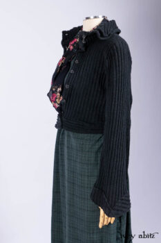 Nook Jacket in Mansard Roof Stripe Boucl&eacute; Knit; Clotaire Sash in Riverside Floral Silk Chiffon; Inglenook Frock in Riverside Plaid Cotton; Cilla Slip Frock in Signature Black Ribbed Knit.