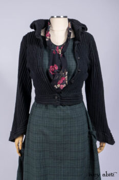 Nook Jacket in Mansard Roof Stripe Boucl&eacute; Knit; Clotaire Sash in Riverside Floral Silk Chiffon; Inglenook Frock in Riverside Plaid Cotton; Cilla Slip Frock in Signature Black Ribbed Knit.