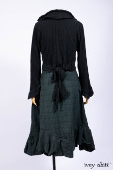 Nook Jacket in Mansard Roof Stripe Boucl&eacute; Knit; Clotaire Sash in Riverside Floral Silk Chiffon; Inglenook Frock in Riverside Plaid Cotton; Cilla Slip Frock in Signature Black Ribbed Knit.