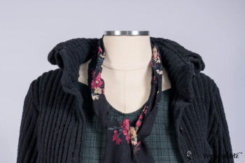 Nook Jacket in Mansard Roof Stripe Boucl&eacute; Knit; Clotaire Sash in Riverside Floral Silk Chiffon; Inglenook Frock in Riverside Plaid Cotton; Cilla Slip Frock in Signature Black Ribbed Knit.