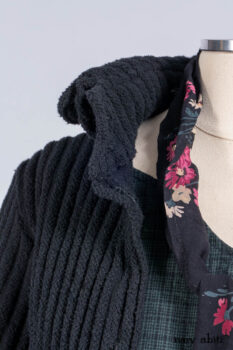 Nook Jacket in Mansard Roof Stripe Boucl&eacute; Knit; Clotaire Sash in Riverside Floral Silk Chiffon; Inglenook Frock in Riverside Plaid Cotton; Cilla Slip Frock in Signature Black Ribbed Knit.
