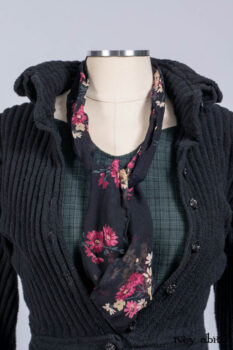 Nook Jacket in Mansard Roof Stripe Boucl&eacute; Knit; Clotaire Sash in Riverside Floral Silk Chiffon; Inglenook Frock in Riverside Plaid Cotton; Cilla Slip Frock in Signature Black Ribbed Knit.