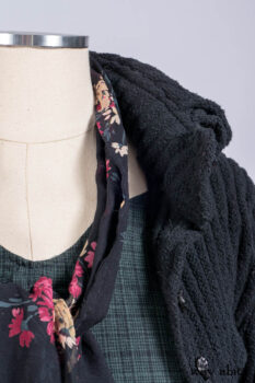 Nook Jacket in Mansard Roof Stripe Boucl&eacute; Knit; Clotaire Sash in Riverside Floral Silk Chiffon; Inglenook Frock in Riverside Plaid Cotton; Cilla Slip Frock in Signature Black Ribbed Knit.