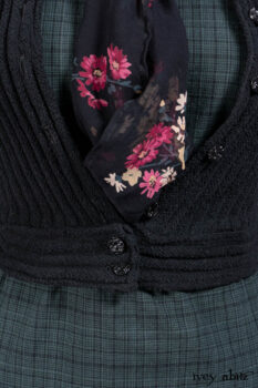 Nook Jacket in Mansard Roof Stripe Boucl&eacute; Knit; Clotaire Sash in Riverside Floral Silk Chiffon; Inglenook Frock in Riverside Plaid Cotton; Cilla Slip Frock in Signature Black Ribbed Knit.