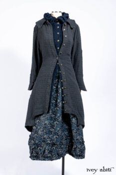 Chittister Duster Coat in Slate Embroidered Windowpane Weave; Gabled Shirt Jacket in Hudson River Silky Crinkled Weave; Gabled Frock in Hudson River Floral Jacquard; Cilla Slip Frock in Slate Washed Knit.