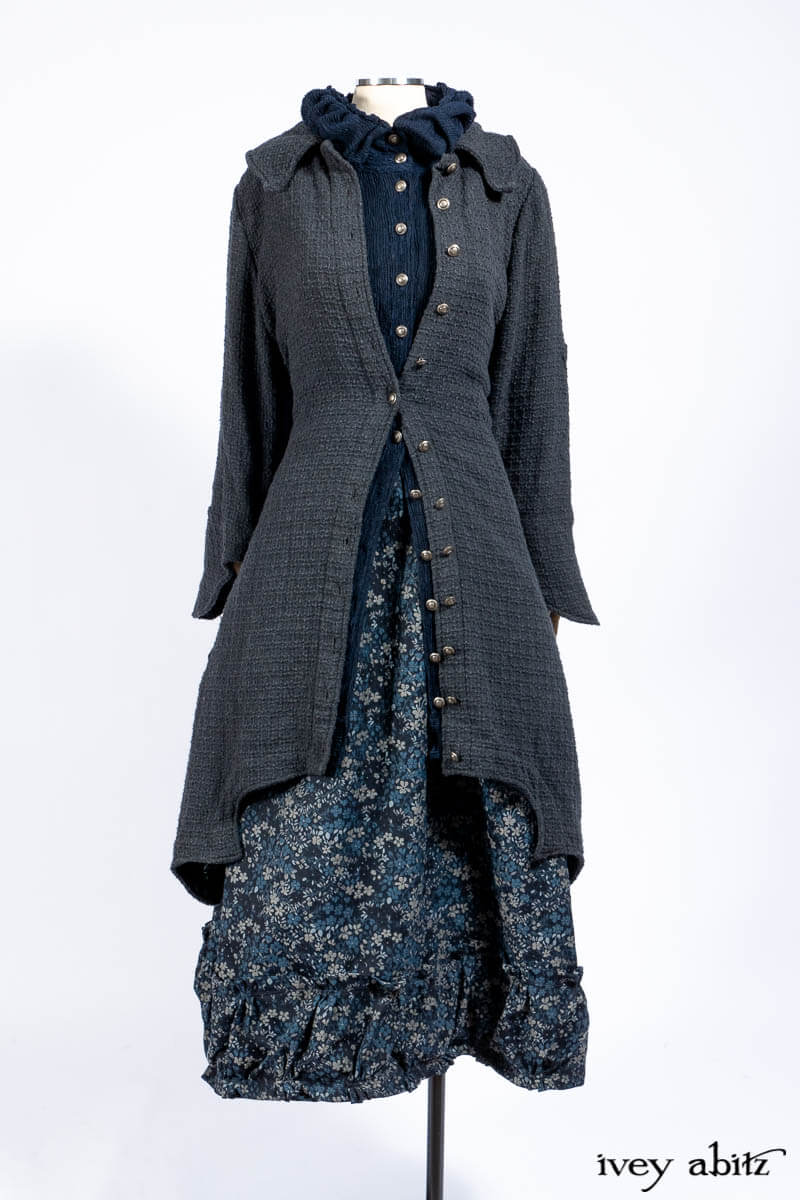 Chittister Duster Coat in Slate Embroidered Windowpane Weave; Gabled Shirt Jacket in Hudson River Silky Crinkled Weave; Gabled Frock in Hudson River Floral Jacquard; Cilla Slip Frock in Slate Washed Knit.