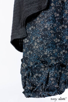 Chittister Duster Coat in Slate Embroidered Windowpane Weave; Gabled Shirt Jacket in Hudson River Silky Crinkled Weave; Gabled Frock in Hudson River Floral Jacquard; Cilla Slip Frock in Slate Washed Knit.