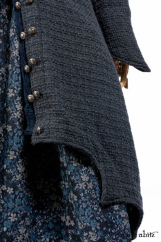 Chittister Duster Coat in Slate Embroidered Windowpane Weave; Gabled Shirt Jacket in Hudson River Silky Crinkled Weave; Gabled Frock in Hudson River Floral Jacquard; Cilla Slip Frock in Slate Washed Knit.