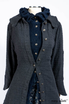 Chittister Duster Coat in Slate Embroidered Windowpane Weave; Gabled Shirt Jacket in Hudson River Silky Crinkled Weave; Gabled Frock in Hudson River Floral Jacquard; Cilla Slip Frock in Slate Washed Knit.