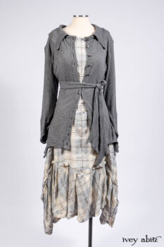 Chittister Shirt Jacket in Slate Ribbed Knit; Fairholme Frock in Slate Plaid Twill; Cilla Slip Frock in Slate Ribbed Knit, high water length.