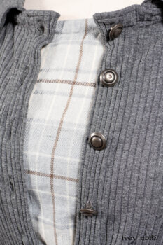 Chittister Shirt Jacket in Slate Ribbed Knit; Fairholme Frock in Slate Plaid Twill; Cilla Slip Frock in Slate Ribbed Knit, high water length.