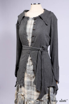 Chittister Shirt Jacket in Slate Ribbed Knit; Fairholme Frock in Slate Plaid Twill; Cilla Slip Frock in Slate Ribbed Knit, high water length.