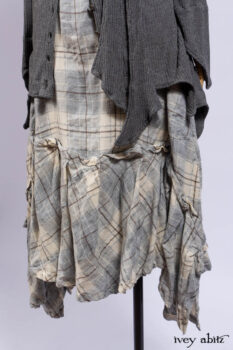 Chittister Shirt Jacket in Slate Ribbed Knit; Fairholme Frock in Slate Plaid Twill; Cilla Slip Frock in Slate Ribbed Knit, high water length.