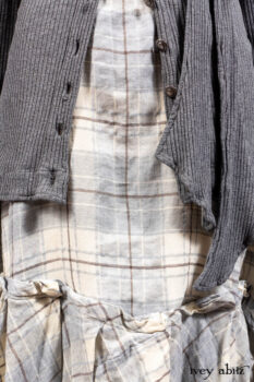 Chittister Shirt Jacket in Slate Ribbed Knit; Fairholme Frock in Slate Plaid Twill; Cilla Slip Frock in Slate Ribbed Knit, high water length.
