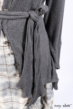 Chittister Shirt Jacket in Slate Ribbed Knit; Fairholme Frock in Slate Plaid Twill; Cilla Slip Frock in Slate Ribbed Knit, high water length.