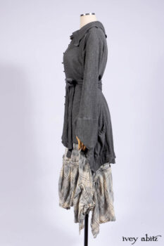 Chittister Shirt Jacket in Slate Ribbed Knit; Fairholme Frock in Slate Plaid Twill; Cilla Slip Frock in Slate Ribbed Knit, high water length.