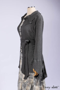 Chittister Shirt Jacket in Slate Ribbed Knit; Fairholme Frock in Slate Plaid Twill; Cilla Slip Frock in Slate Ribbed Knit, high water length.