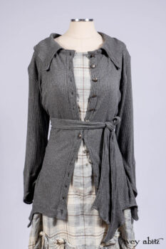 Chittister Shirt Jacket in Slate Ribbed Knit; Fairholme Frock in Slate Plaid Twill; Cilla Slip Frock in Slate Ribbed Knit, high water length.