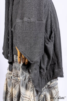 Chittister Shirt Jacket in Slate Ribbed Knit; Fairholme Frock in Slate Plaid Twill; Cilla Slip Frock in Slate Ribbed Knit, high water length.