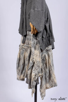 Chittister Shirt Jacket in Slate Ribbed Knit; Fairholme Frock in Slate Plaid Twill; Cilla Slip Frock in Slate Ribbed Knit, high water length.