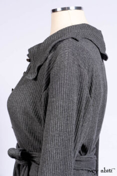Chittister Shirt Jacket in Slate Ribbed Knit; Fairholme Frock in Slate Plaid Twill; Cilla Slip Frock in Slate Ribbed Knit, high water length.