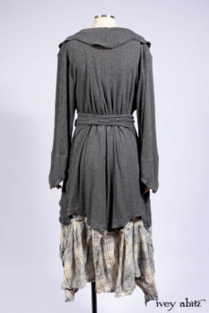 Chittister Shirt Jacket in Slate Ribbed Knit; Fairholme Frock in Slate Plaid Twill; Cilla Slip Frock in Slate Ribbed Knit, high water length.