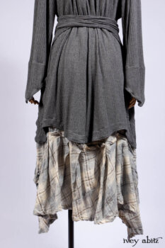 Chittister Shirt Jacket in Slate Ribbed Knit; Fairholme Frock in Slate Plaid Twill; Cilla Slip Frock in Slate Ribbed Knit, high water length.