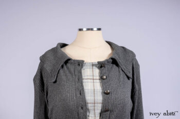 Chittister Shirt Jacket in Slate Ribbed Knit; Fairholme Frock in Slate Plaid Twill; Cilla Slip Frock in Slate Ribbed Knit, high water length.