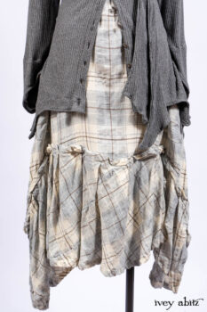 Chittister Shirt Jacket in Slate Ribbed Knit; Fairholme Frock in Slate Plaid Twill; Cilla Slip Frock in Slate Ribbed Knit, high water length.